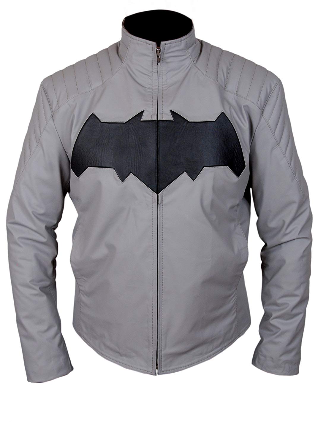 "Batman Dawn of Justice grey leather jacket with padded shoulders"

"Light grey superhero jacket with stand-up collar and zip closure"

"Faux leather Batman jacket with two hand pockets and viscose lining"

"Front view of Batman Dawn of Justice costume jacket for cosplay"