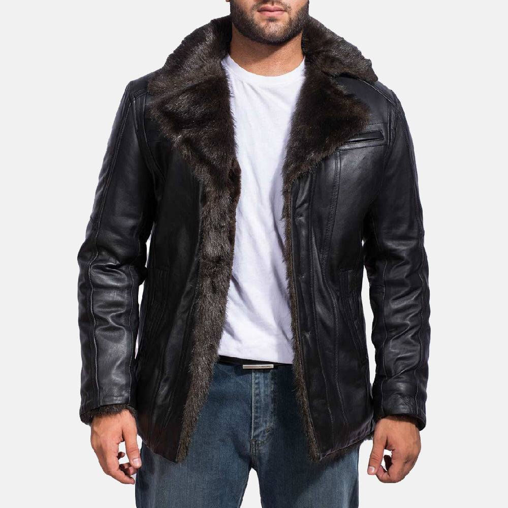men’s black sheepskin leather jacket with faux fur lining

semi-aniline finished black leather jacket for men

notch collar black leather jacket with button closure

men’s jacket with open hem cuffs and multiple pockets

warm faux fur lined leather jacket in black