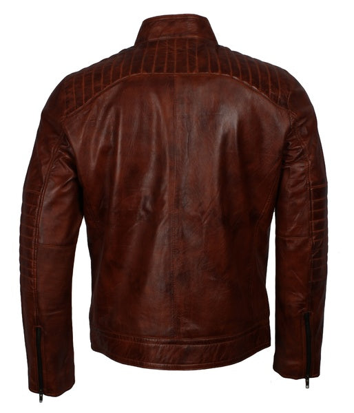 men’s distressed brown café racer leather motorcycle jacket

real sheepskin leather jacket with padded shoulders and sleeves

brown biker jacket for men with zipper chest and hand pockets

café racer jacket stand-up collar and rugged design

vintage style brown leather motorcycle jacket for men