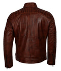 men’s distressed brown café racer leather motorcycle jacket

real sheepskin leather jacket with padded shoulders and sleeves

brown biker jacket for men with zipper chest and hand pockets

café racer jacket stand-up collar and rugged design

vintage style brown leather motorcycle jacket for men