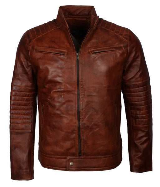 men’s distressed brown café racer leather motorcycle jacket

real sheepskin leather jacket with padded shoulders and sleeves

brown biker jacket for men with zipper chest and hand pockets

café racer jacket stand-up collar and rugged design

vintage style brown leather motorcycle jacket for men