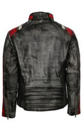men’s retro distressed black café racer leather jacket

real sheepskin leather motorcycle jacket with zipper pockets

black leather biker jacket with grey faded tones

stand-up collar distressed leather jacket front view

vintage-style men’s motorcycle jacket with zip closure

