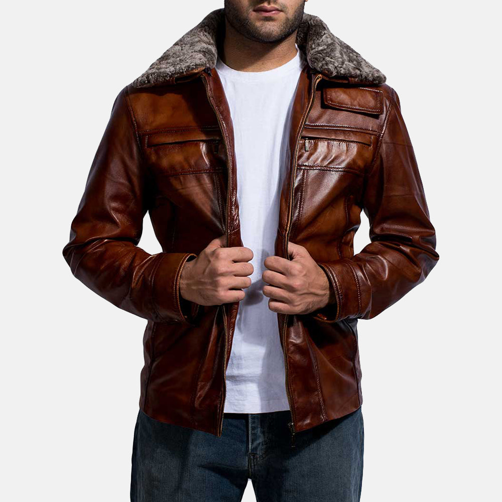 men's distressed chocolate brown sheepskin leather jacket

quilted viscose lined sheepskin jacket with shirt collar

vintage style chocolate brown leather jacket for men

zip closure leather jacket with button cuffs

men's sheepskin leather jacket with multiple pockets
