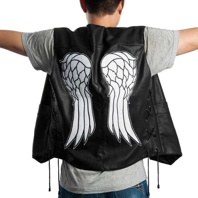 Daryl Dixon walking dead leather vest front

angel wings patch on the back of vest

black faux leather biker vest

governor style leather vest cosplay

stand-up collar vest with button tab

walking dead costume for men