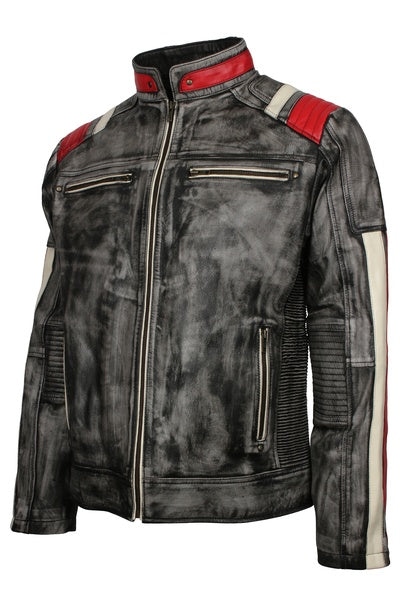 men’s retro distressed black café racer leather jacket

real sheepskin leather motorcycle jacket with zipper pockets

black leather biker jacket with grey faded tones

stand-up collar distressed leather jacket front view

vintage-style men’s motorcycle jacket with zip closure

