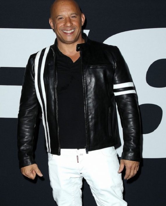 Vin Diesel Fast & Furious premiere black leather biker jacket

black sheepskin leather jacket with white stripes on sleeves

Vin Diesel celebrity leather biker jacket front view

Fast & Furious 7 premiere leather jacket with snap tab collar

men’s biker jacket with zipper chest and hand pockets

