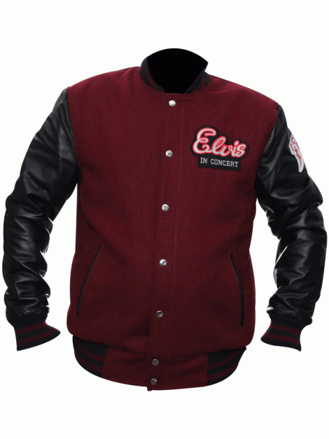 "Elvis In Concert varsity jacket maroon wool with black leather sleeves"

"1977 tour Elvis Presley varsity jacket with Elvis In Concert patch"

"Front button closure Elvis varsity jacket with stand-up collar"

"Vintage style Elvis Presley wool and leather varsity jacket"

"Men’s varsity jacket inspired by Elvis Presley 1977 concert"