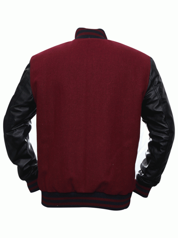 "Elvis In Concert varsity jacket maroon wool with black leather sleeves"

"1977 tour Elvis Presley varsity jacket with Elvis In Concert patch"

"Front button closure Elvis varsity jacket with stand-up collar"

"Vintage style Elvis Presley wool and leather varsity jacket"

"Men’s varsity jacket inspired by Elvis Presley 1977 concert"