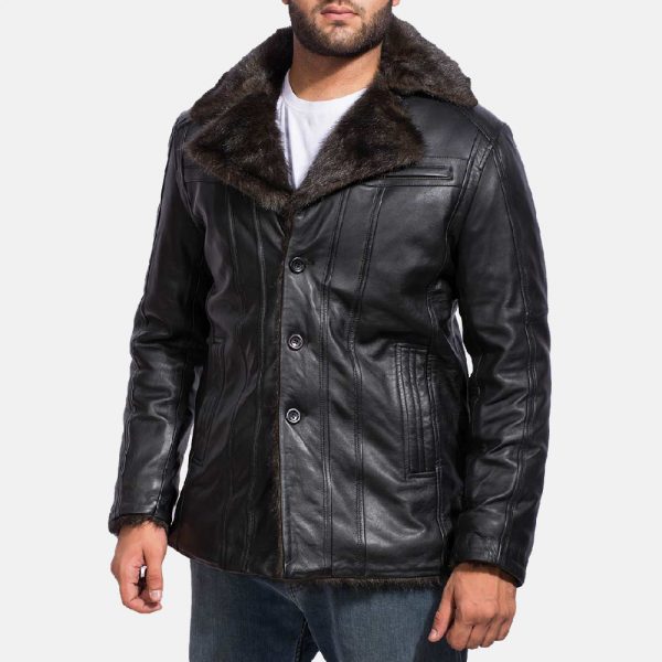 men’s black sheepskin leather jacket with faux fur lining

semi-aniline finished black leather jacket for men

notch collar black leather jacket with button closure

men’s jacket with open hem cuffs and multiple pockets

warm faux fur lined leather jacket in black