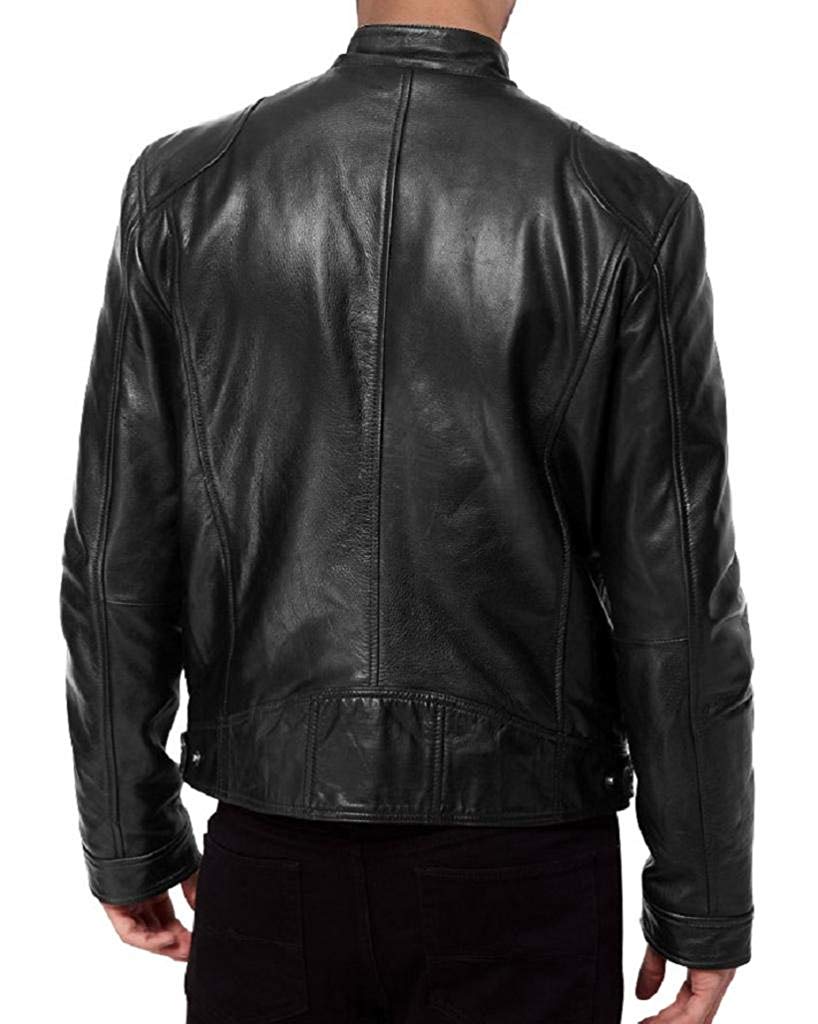 men's black lambskin leather biker jacket front

lambskin leather biker jacket with zip closure

classic stand collar black leather jacket for men

men's biker jacket with multiple pockets

comfortable viscose lined leather jacket
