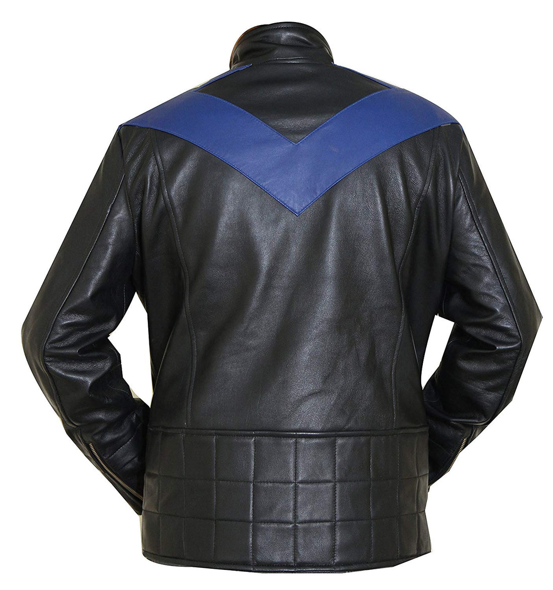 Dick Grayson Nightwing leather jacket front view

black leather Nightwing jacket with blue shoulder stripes

men’s Nightwing costume jacket with front zip closure

faux leather Nightwing jacket with stand collar

Batman Nightwing jacket for cosplay and casual wear