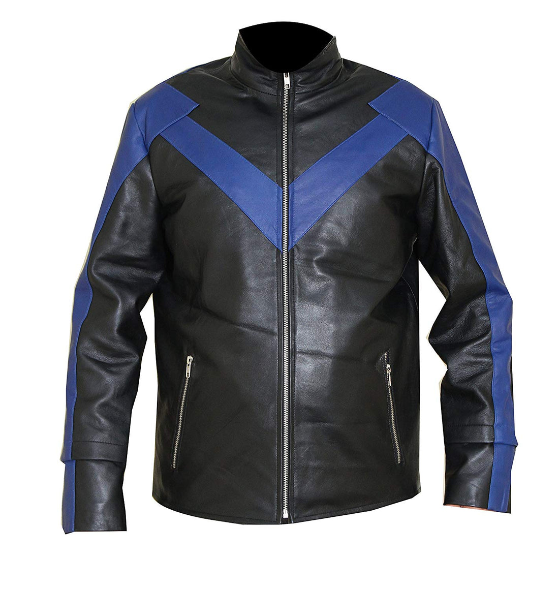 Dick Grayson Nightwing leather jacket front view

black leather Nightwing jacket with blue shoulder stripes

men’s Nightwing costume jacket with front zip closure

faux leather Nightwing jacket with stand collar

Batman Nightwing jacket for cosplay and casual wear