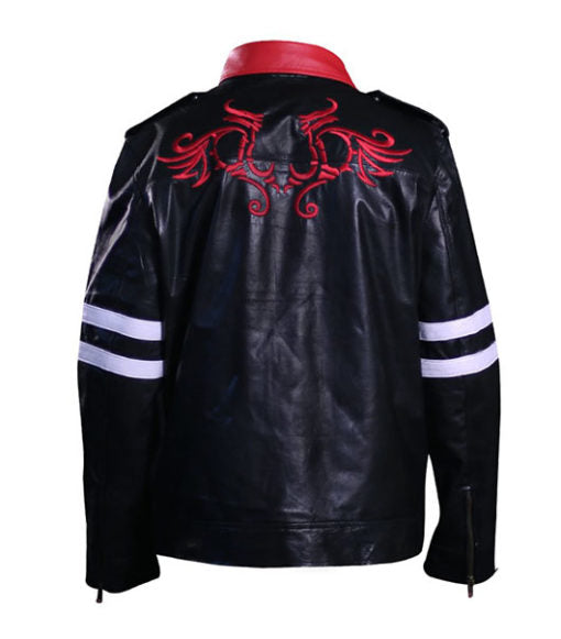 Alex Mercer Prototype game leather jacket black with white stripes

real leather Alex Mercer cosplay jacket with red patch

Prototype video game cosplay leather jacket front and back view

men’s black leather motorcycle jacket with zipper closure

gaming costume Alex Mercer jacket real leather