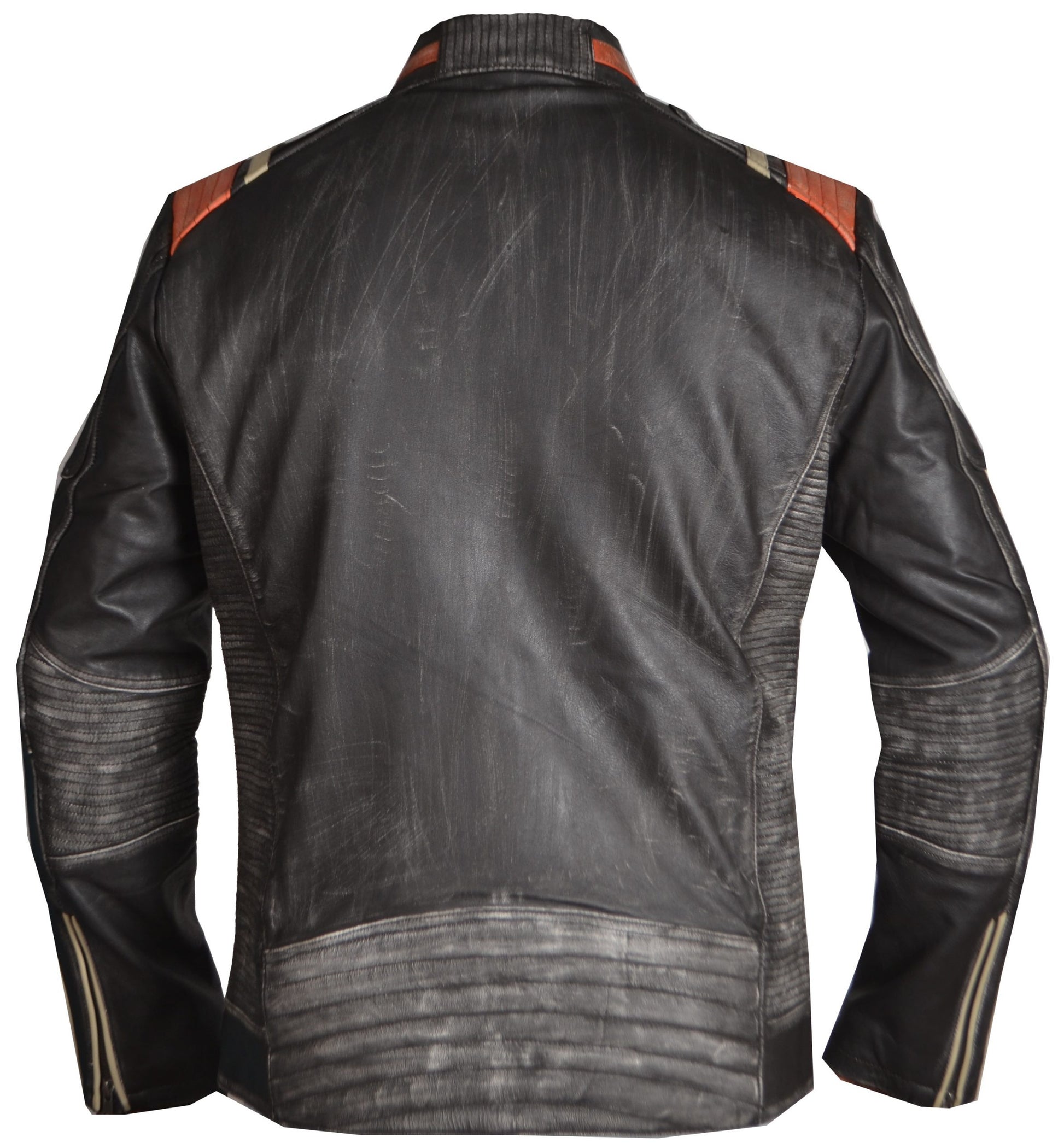 "Men’s distressed black and orange cafe racer leather jacket with stand-up collar"

"Real leather vintage cafe racer jacket with zipper pockets"

"Front view of men’s biker jacket with zip closure and zipper pockets"

"Classic cafe racer style leather jacket with orange accents"

"Distressed black leather biker jacket with viscose lining"

