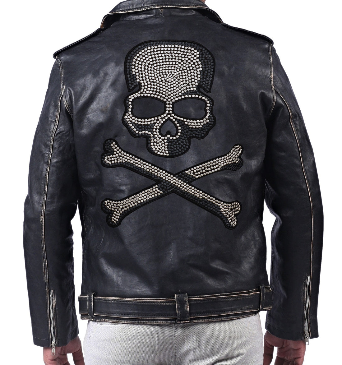 Blackpool men’s Halloween biker jacket with skull print design and front zip closure

