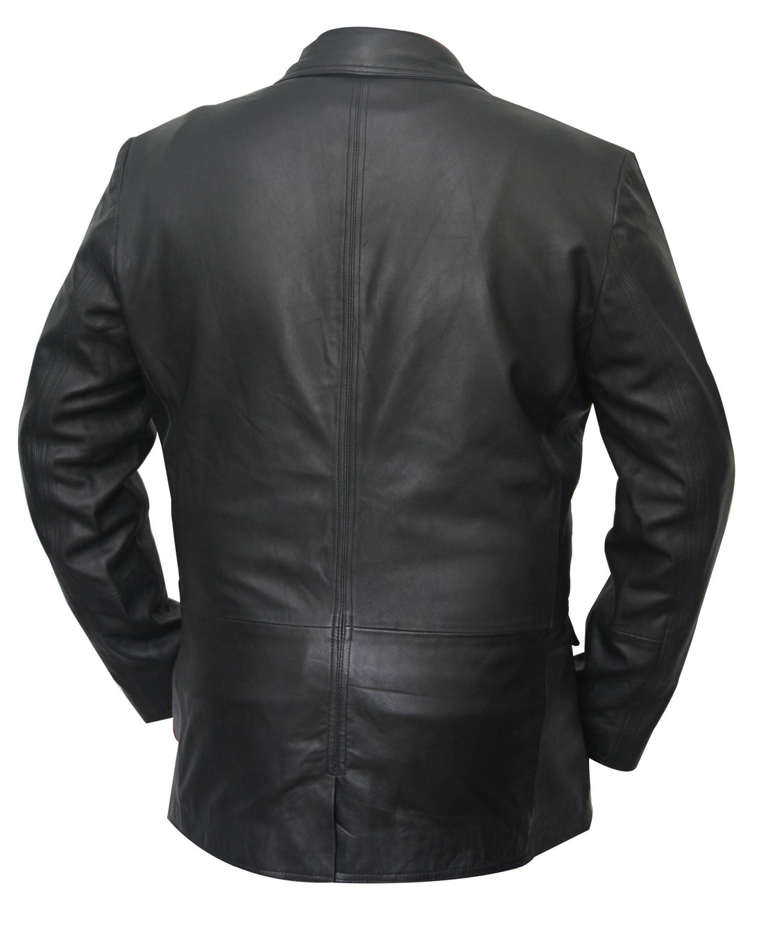 men’s slim fit black leather blazer jacket front view

real leather formal blazer jacket for men

black leather blazer with chest and flap pockets

men’s slim fit blazer with button closure

tailored black leather blazer jacket for formal occasions

