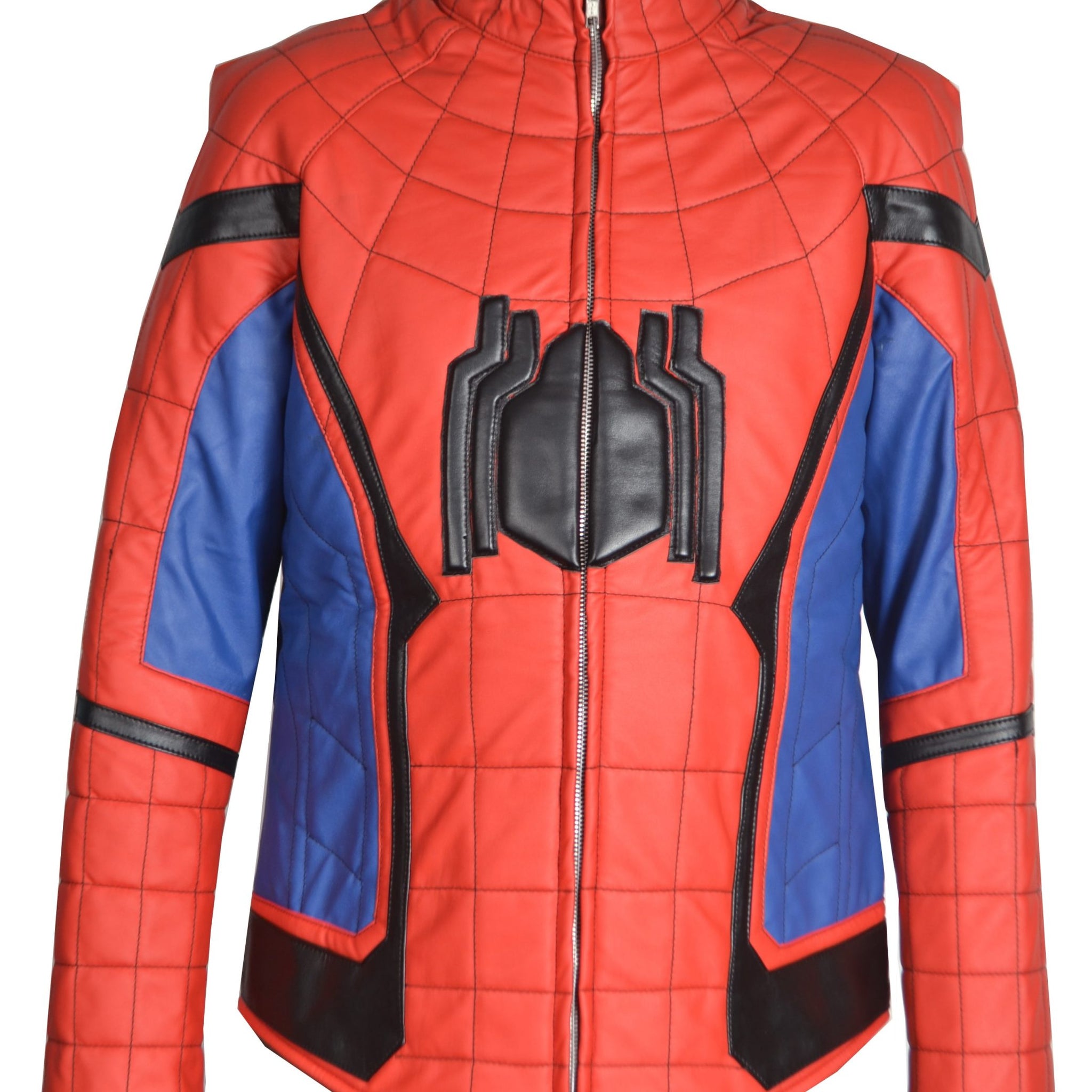 "Spiderman Homecoming faux leather jacket with black spider logo front"

"Peter Parker cosplay jacket red and blue with red spider logo back"

"Front zipper faux leather Spiderman cosplay jacket with stand-up collar"

"Close-up of Spiderman Homecoming jacket YKK zipper and viscose lining"

"Cosplay jacket inspired by Spiderman Homecoming superhero outfit"