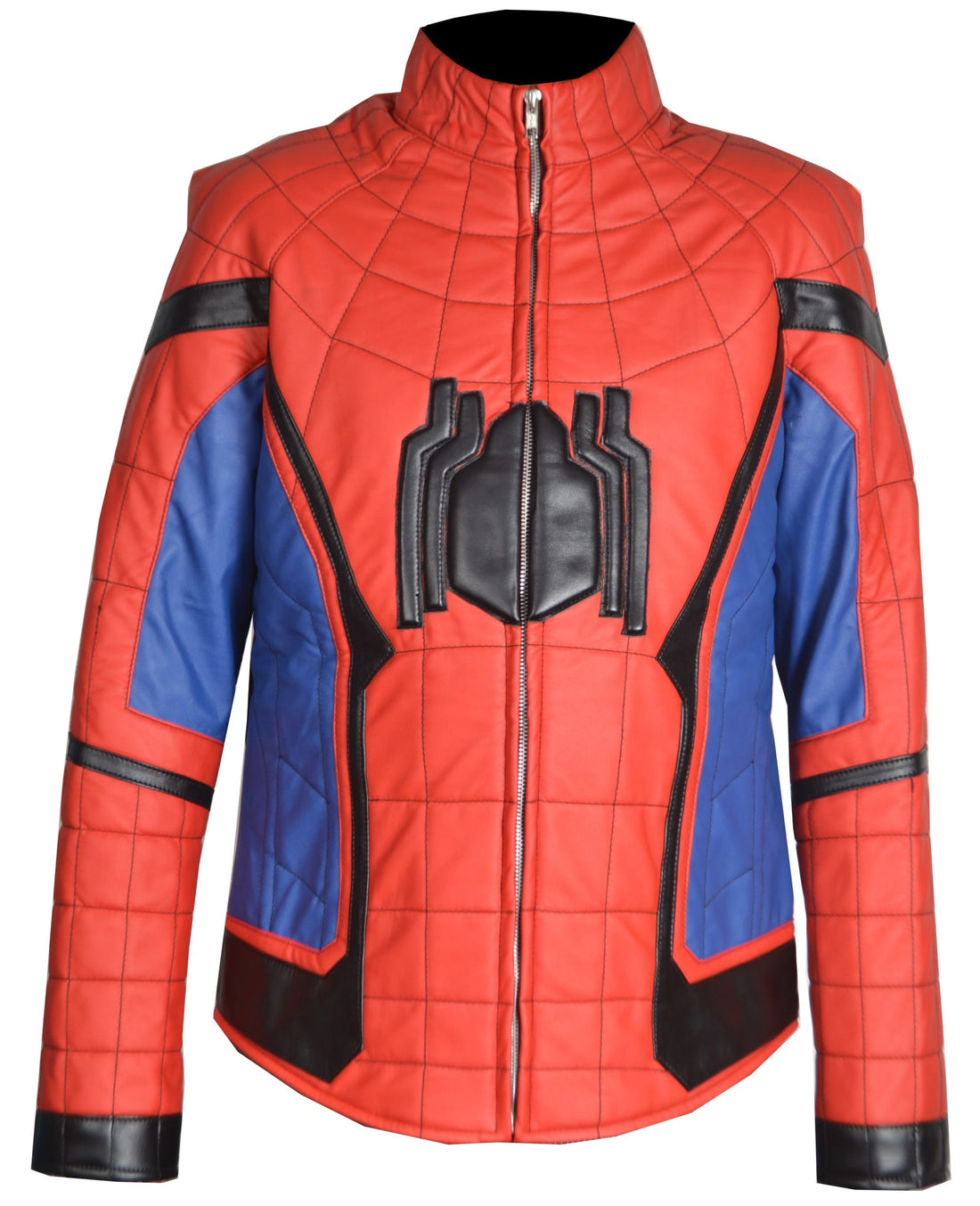 "Spiderman Homecoming faux leather jacket with black spider logo front"

"Peter Parker cosplay jacket red and blue with red spider logo back"

"Front zipper faux leather Spiderman cosplay jacket with stand-up collar"

"Close-up of Spiderman Homecoming jacket YKK zipper and viscose lining"

"Cosplay jacket inspired by Spiderman Homecoming superhero outfit"