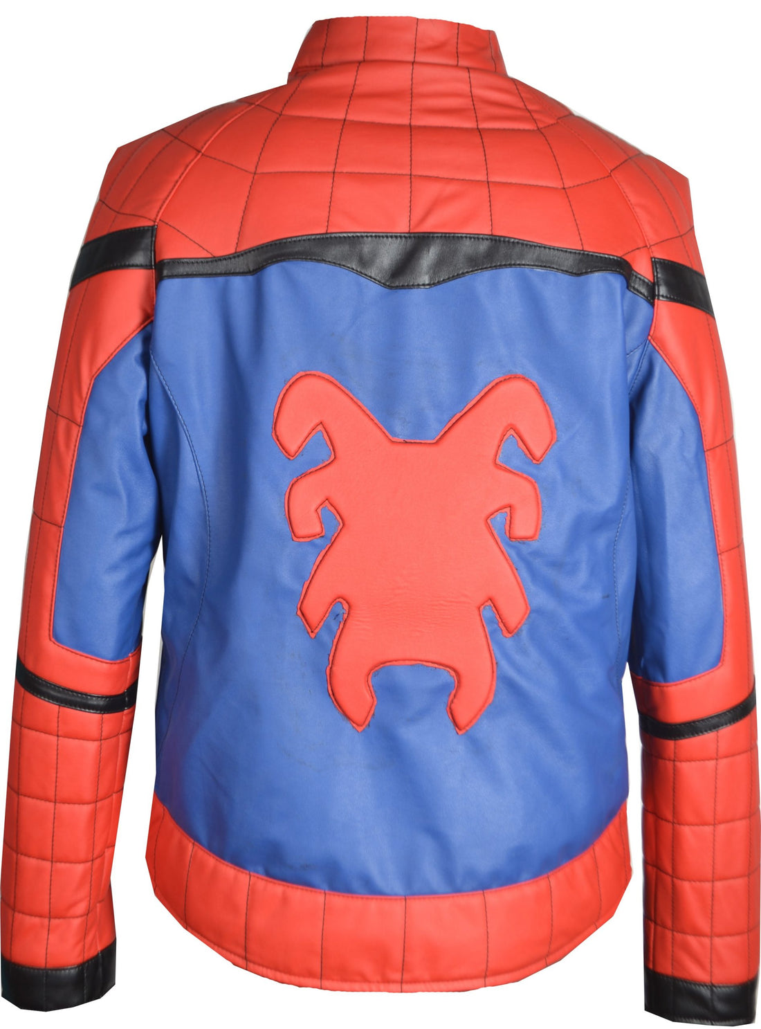 "Spiderman Homecoming faux leather jacket with black spider logo front"

"Peter Parker cosplay jacket red and blue with red spider logo back"

"Front zipper faux leather Spiderman cosplay jacket with stand-up collar"

"Close-up of Spiderman Homecoming jacket YKK zipper and viscose lining"

"Cosplay jacket inspired by Spiderman Homecoming superhero outfit"