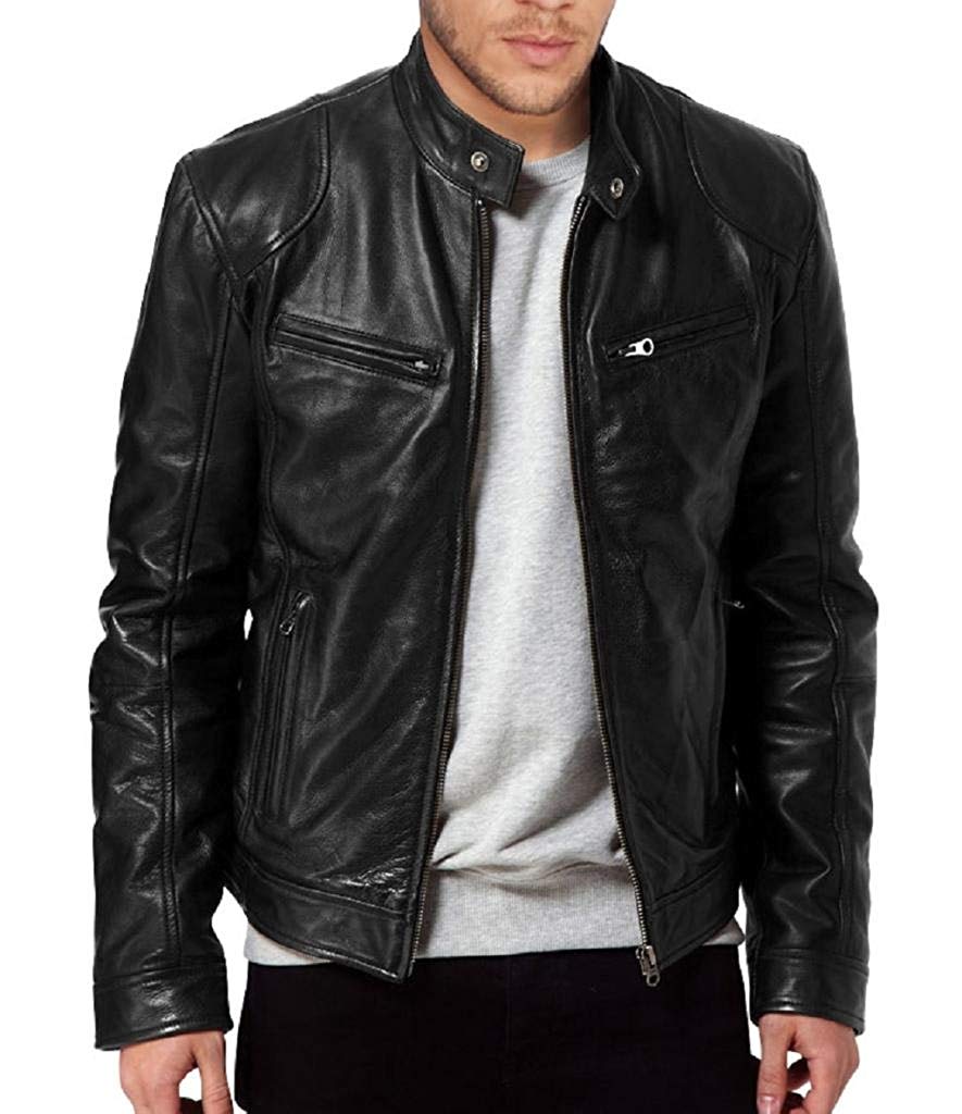 men's black lambskin leather biker jacket front

lambskin leather biker jacket with zip closure

classic stand collar black leather jacket for men

men's biker jacket with multiple pockets

comfortable viscose lined leather jacket