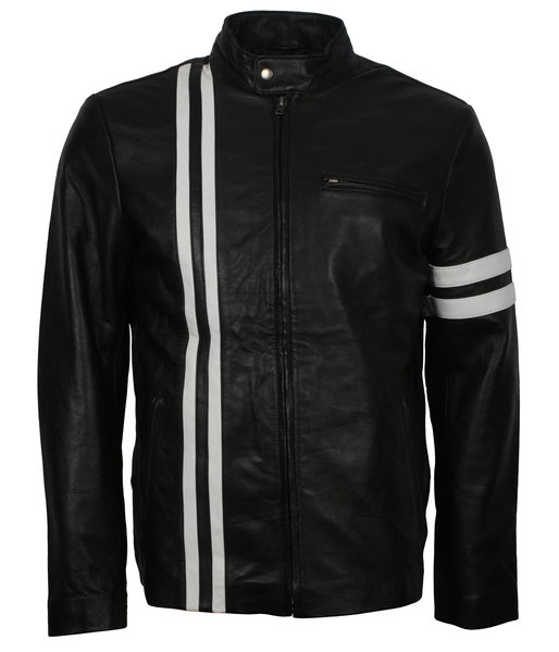 Vin Diesel Fast & Furious premiere black leather biker jacket

black sheepskin leather jacket with white stripes on sleeves

Vin Diesel celebrity leather biker jacket front view

Fast & Furious 7 premiere leather jacket with snap tab collar

men’s biker jacket with zipper chest and hand pockets

