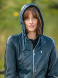 Saltcoats hooded leather jacket in black – stylish men’s outerwear with attached hood and modern American streetwear look