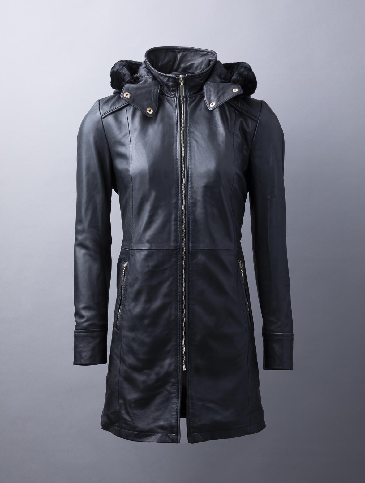 Ullapool women’s black hooded leather coat made from premium UK-sourced aniline leather with removable hood