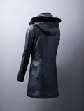 Ullapool women’s black hooded leather coat made from premium UK-sourced aniline leather with removable hood