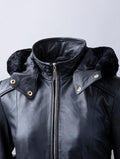 Ullapool women’s black hooded leather coat made from premium UK-sourced aniline leather with removable hood