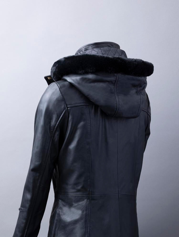 Ullapool women’s black hooded leather coat made from premium UK-sourced aniline leather with removable hood