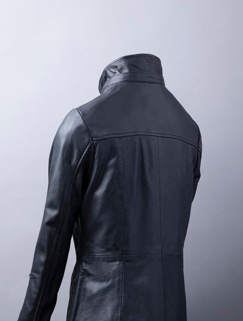 Ullapool women’s black hooded leather coat made from premium UK-sourced aniline leather with removable hood