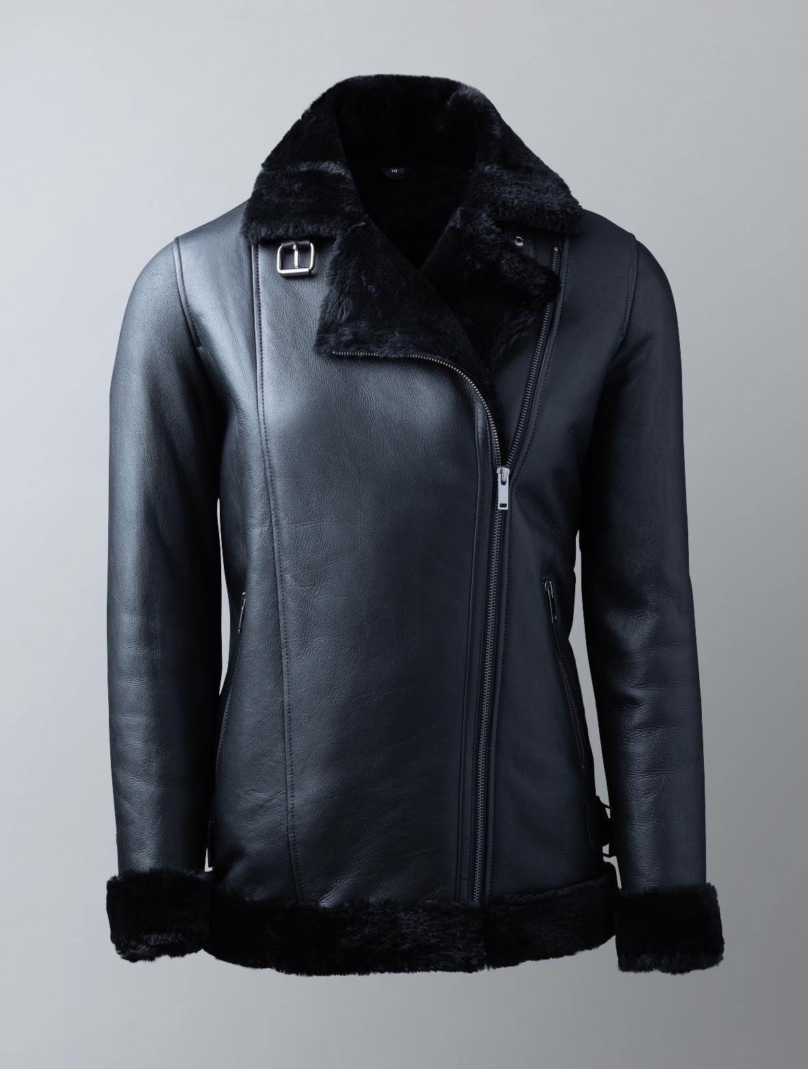 Largs women’s aviator leather jacket in dark brown with shearling collar


