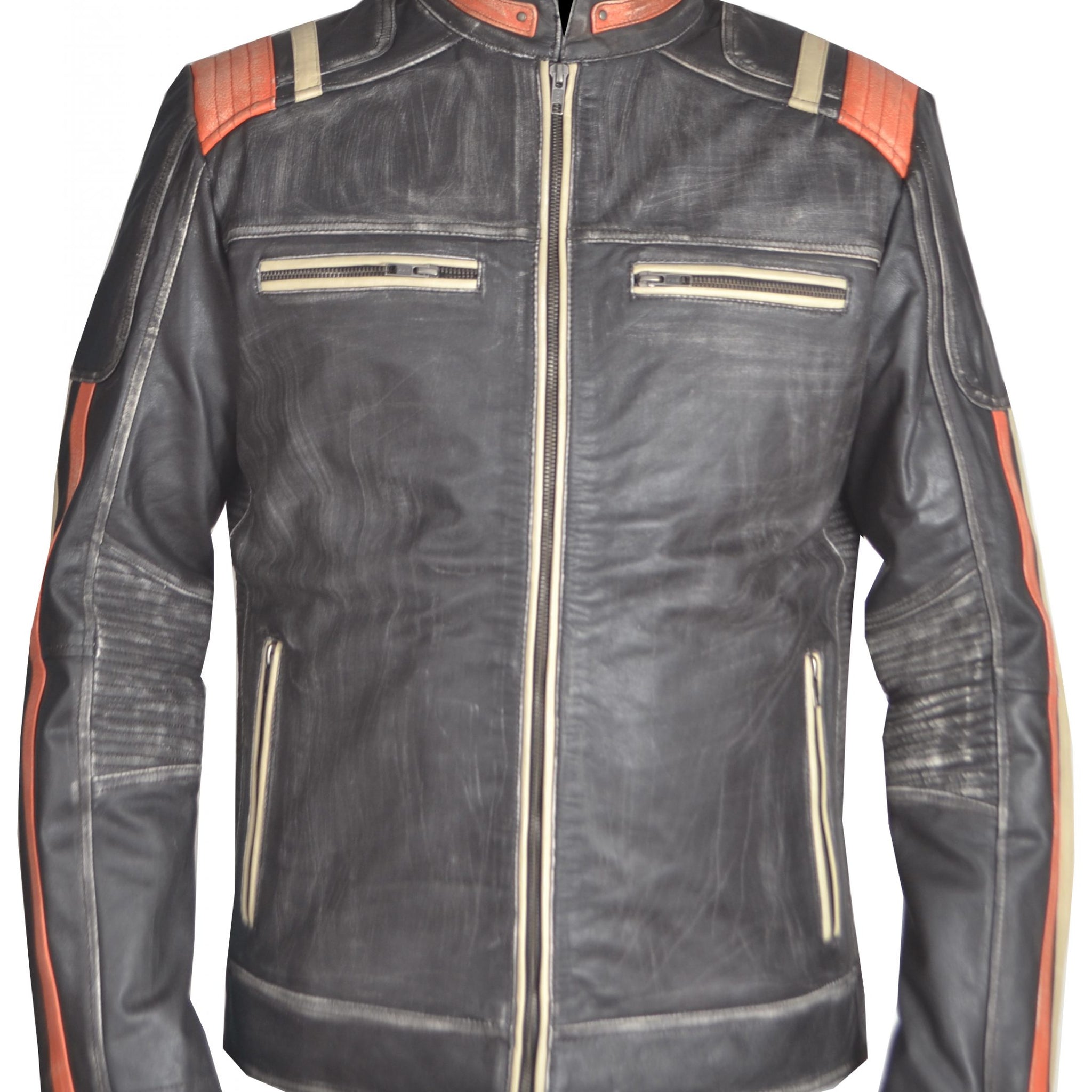 "Men’s distressed black and orange cafe racer leather jacket with stand-up collar"

"Real leather vintage cafe racer jacket with zipper pockets"

"Front view of men’s biker jacket with zip closure and zipper pockets"

"Classic cafe racer style leather jacket with orange accents"

"Distressed black leather biker jacket with viscose lining"

