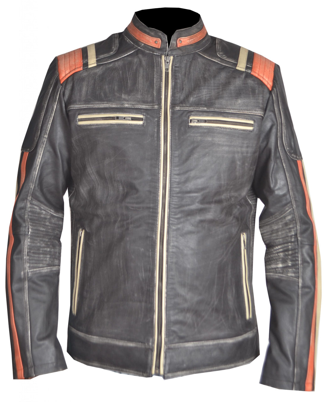 "Men’s distressed black and orange cafe racer leather jacket with stand-up collar"

"Real leather vintage cafe racer jacket with zipper pockets"

"Front view of men’s biker jacket with zip closure and zipper pockets"

"Classic cafe racer style leather jacket with orange accents"

"Distressed black leather biker jacket with viscose lining"

