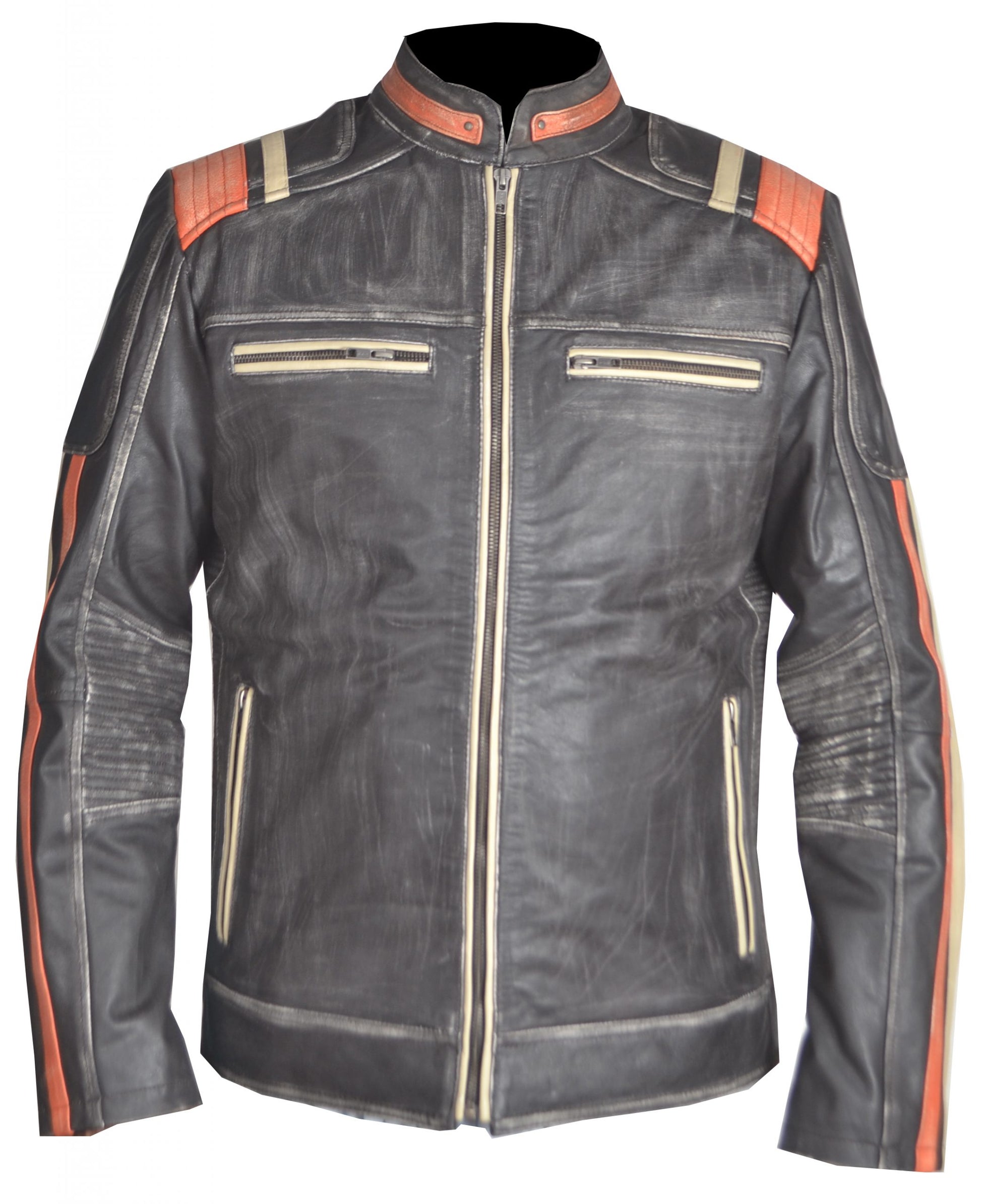 "Men’s distressed black and orange cafe racer leather jacket with stand-up collar"

"Real leather vintage cafe racer jacket with zipper pockets"

"Front view of men’s biker jacket with zip closure and zipper pockets"

"Classic cafe racer style leather jacket with orange accents"

"Distressed black leather biker jacket with viscose lining"

